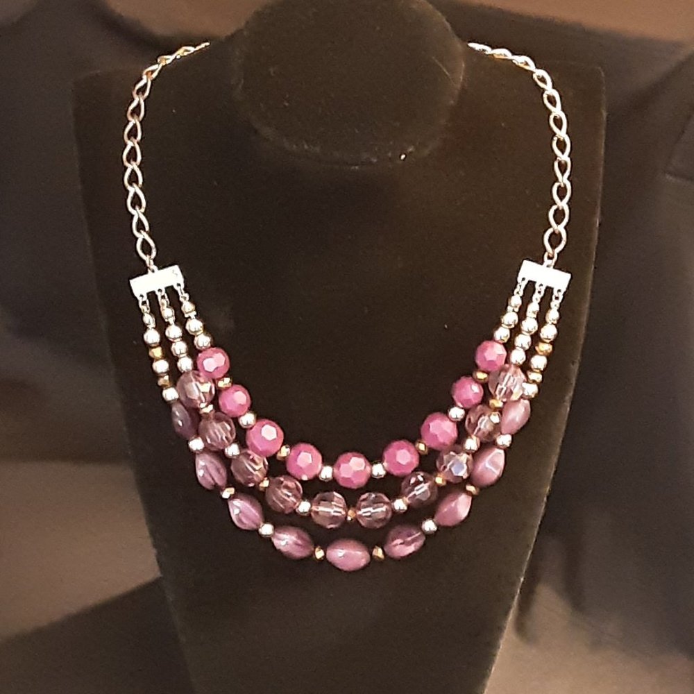 Purple Multi-Strand Beaded Statement Necklace - image 3